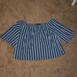 blue and white striped off the shoulder top